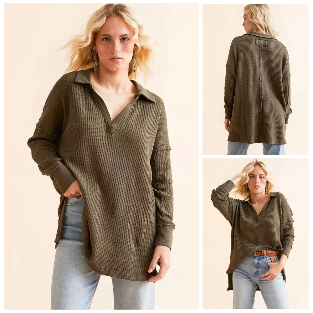 We The Free Travis Tunic Polo Pullover Women Small Green Waffle Knit Free People